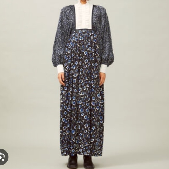 Tory Burch Runway Silk Caftan Midnight Teapot floral print white ruffle 6 NEW S - Picture 3 of 11